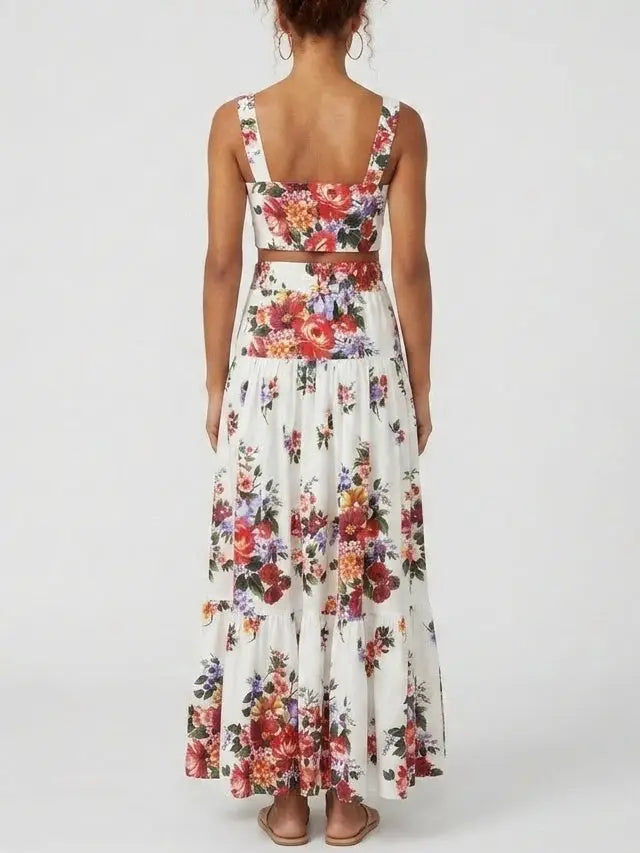 Floral Bouquet Crop Top and Maxi Skirt Set in White - Suits & Sets
