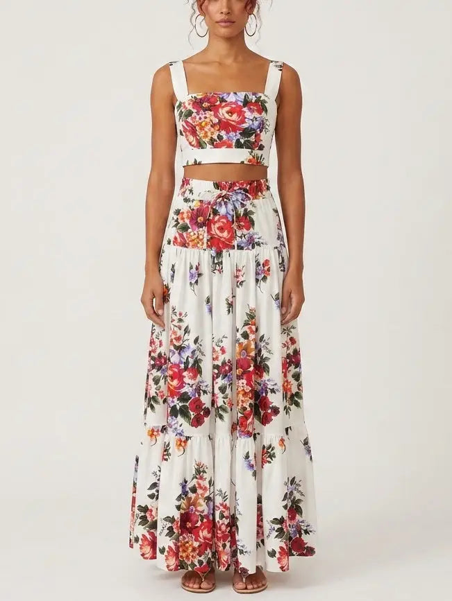 Floral Bouquet Crop Top and Maxi Skirt Set in White - Suits & Sets