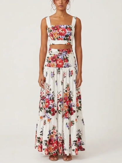 Floral Bouquet Crop Top and Maxi Skirt Set in White - Suits & Sets