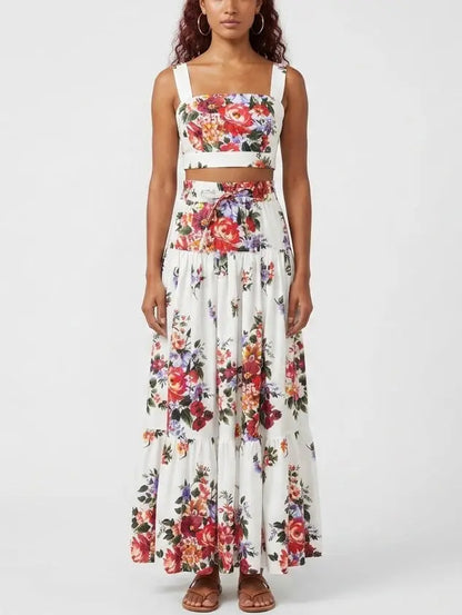 Floral Bouquet Crop Top and Maxi Skirt Set in White - Suits & Sets
