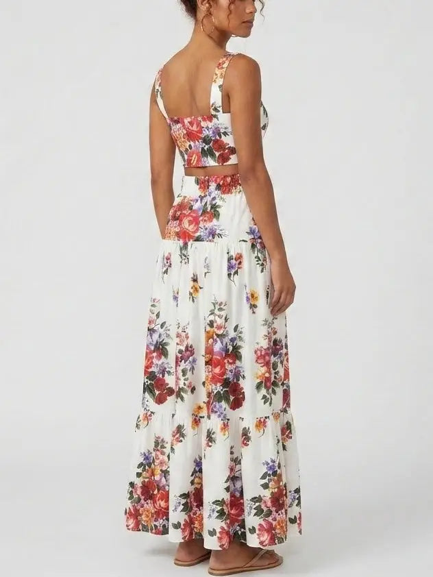 Floral Bouquet Crop Top and Maxi Skirt Set in White - Suits & Sets