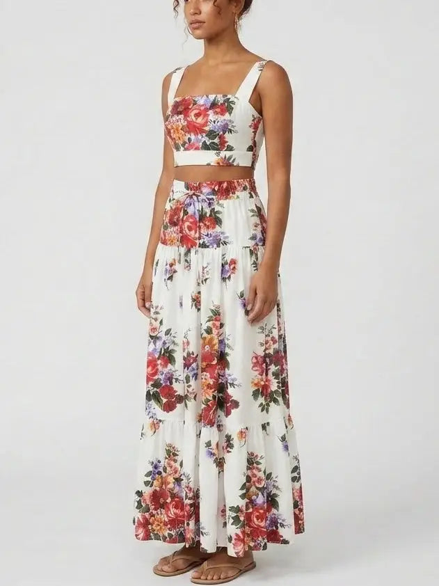Floral Bouquet Crop Top and Maxi Skirt Set in White - Suits & Sets