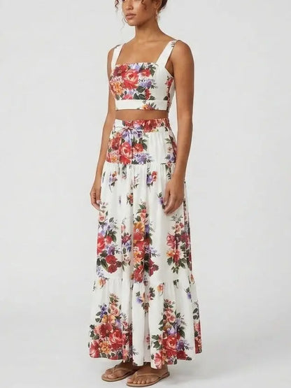Floral Bouquet Crop Top and Maxi Skirt Set in White - Suits & Sets