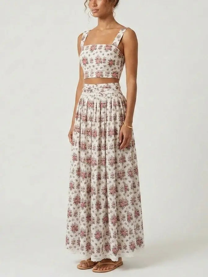 Floral Bouquet Print Cotton Crop Top and Maxi Skirt Set - Suits & Sets
