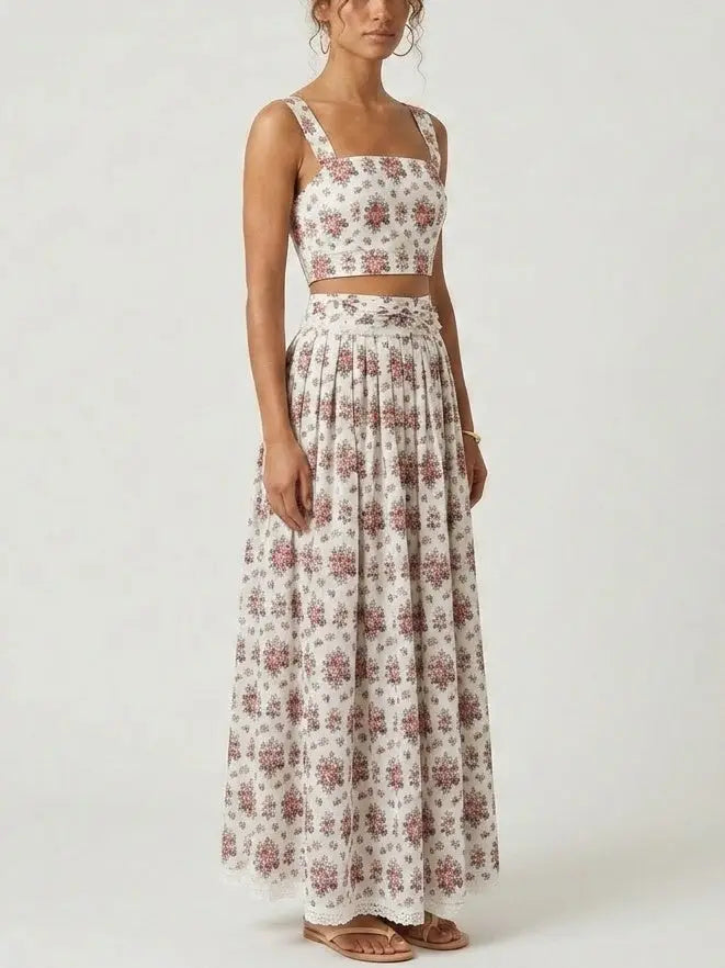 Floral Bouquet Print Cotton Crop Top and Maxi Skirt Set - Suits & Sets
