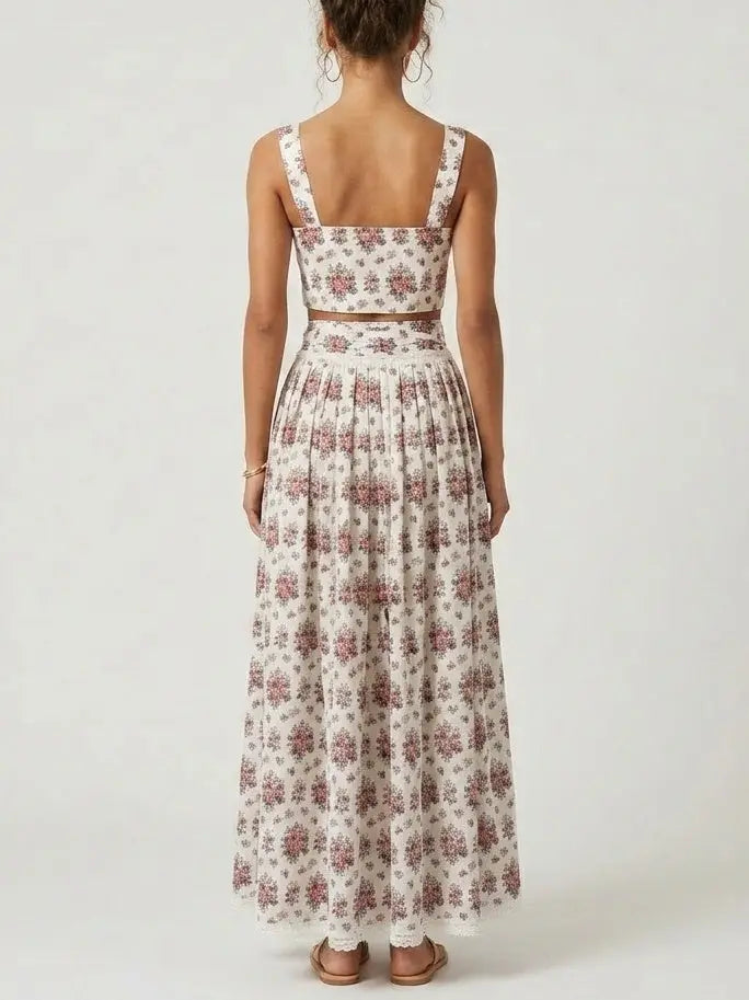 Floral Bouquet Print Cotton Crop Top and Maxi Skirt Set - Suits & Sets