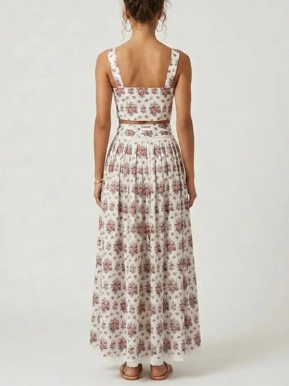 Floral Bouquet Print Cotton Crop Top and Maxi Skirt Set - Suits & Sets