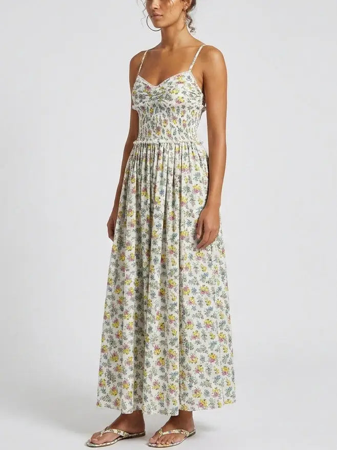 Floral Bouquet Smocked Cotton Maxi Dress - Dresses