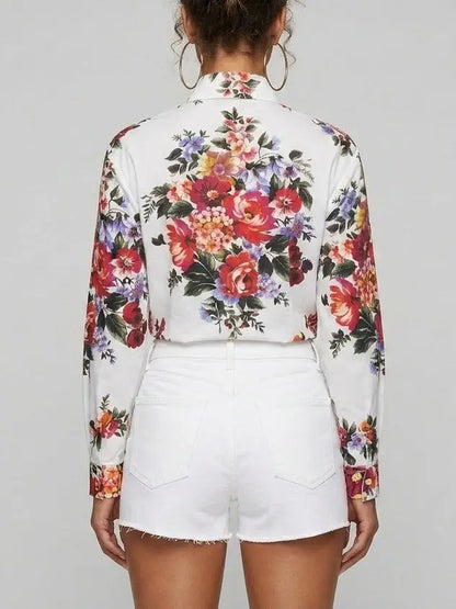 Floral Bouquet Tie-Front Cotton Shirt - Tops