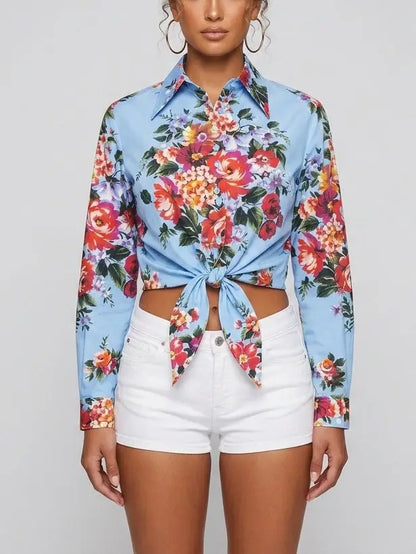 Floral Bouquet Tie-Front Cotton Shirt - S / Light Blue - Tops
