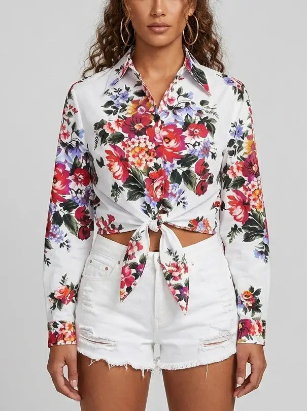 Floral Bouquet Tie-Front Cotton Shirt - Tops