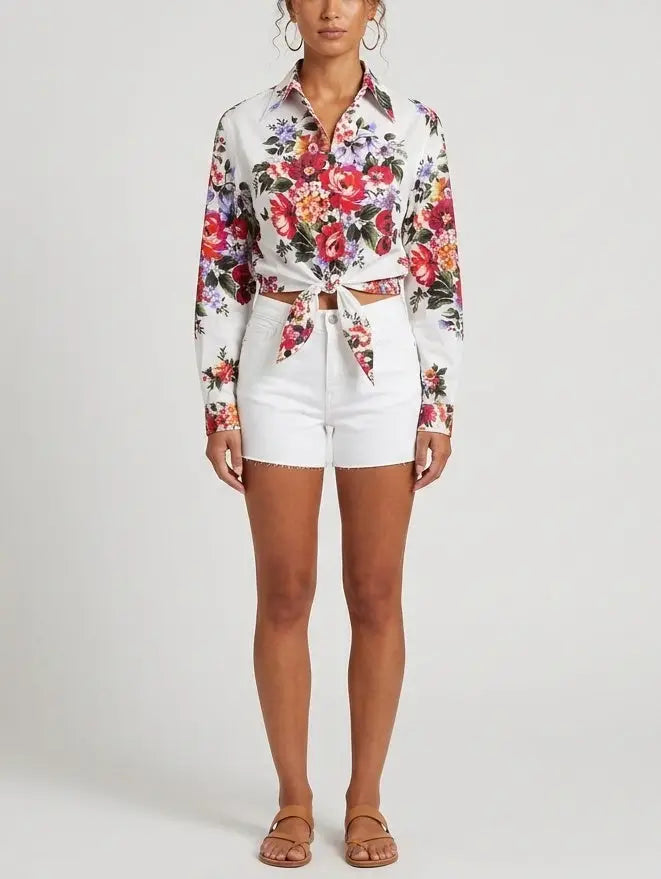 Floral Bouquet Tie-Front Cotton Shirt - Tops