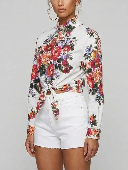 Floral Bouquet Tie-Front Cotton Shirt - Tops
