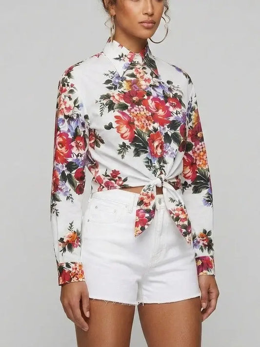 Floral Bouquet Tie-Front Cotton Shirt - Tops