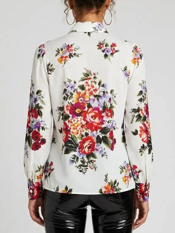 Oversize Silk Twill Shirt with Yellow Rose Print - Tops