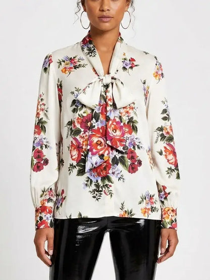 Oversize Silk Twill Shirt with Yellow Rose Print - Tops