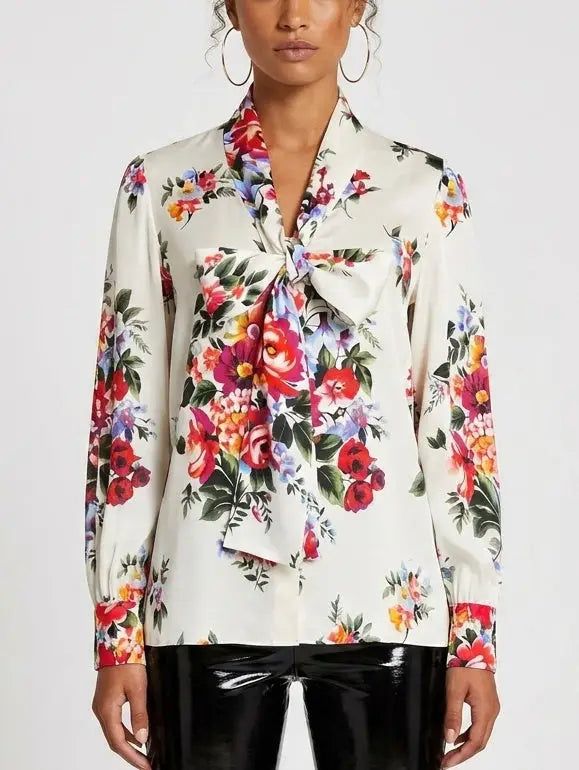 Oversize Silk Twill Shirt with Yellow Rose Print - Tops