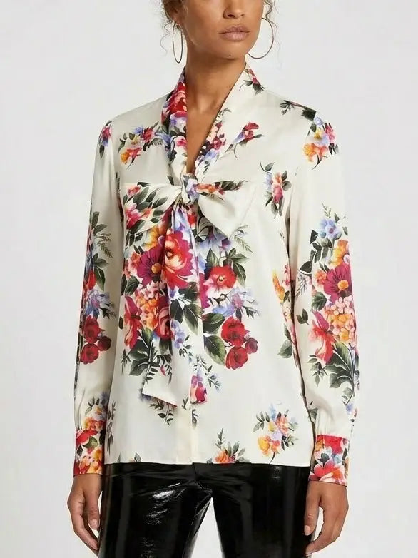 Oversize Silk Twill Shirt with Yellow Rose Print - Tops