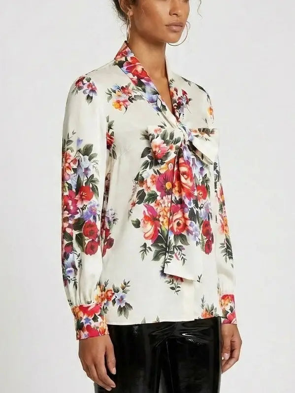 Oversize Silk Twill Shirt with Yellow Rose Print - Tops