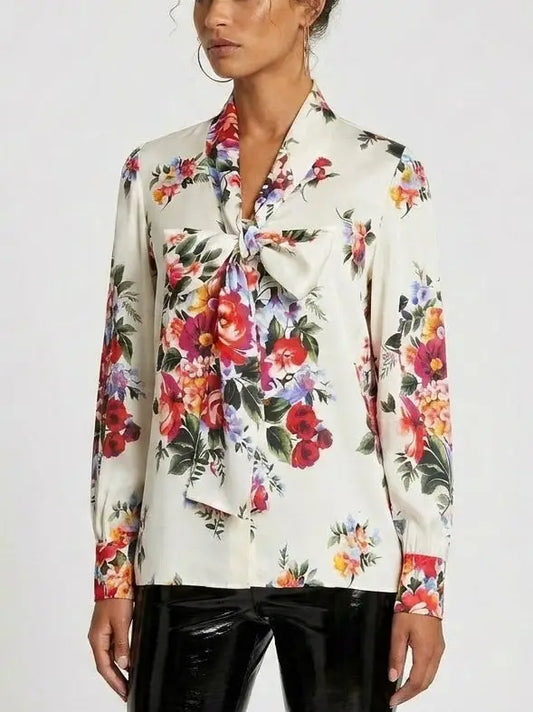 Oversize Silk Twill Shirt with Yellow Rose Print - Tops