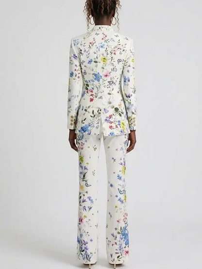 Floral Butterfly Print Blazer and Flared Pants Set - Suits & Sets