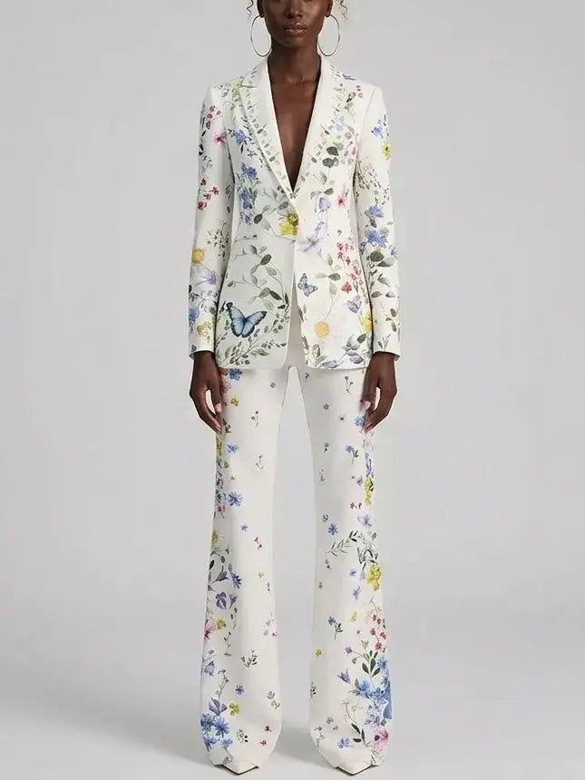 Floral Butterfly Print Blazer and Flared Pants Set - Suits & Sets