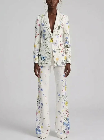 Floral Butterfly Print Blazer and Flared Pants Set - Suits & Sets