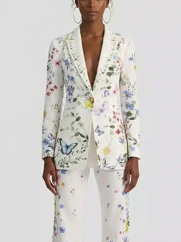 Floral Butterfly Print Blazer and Flared Pants Set - Suits & Sets