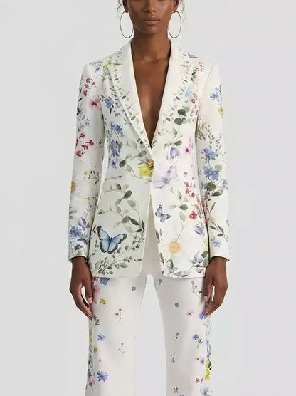 Floral Butterfly Print Blazer and Flared Pants Set - Suits & Sets