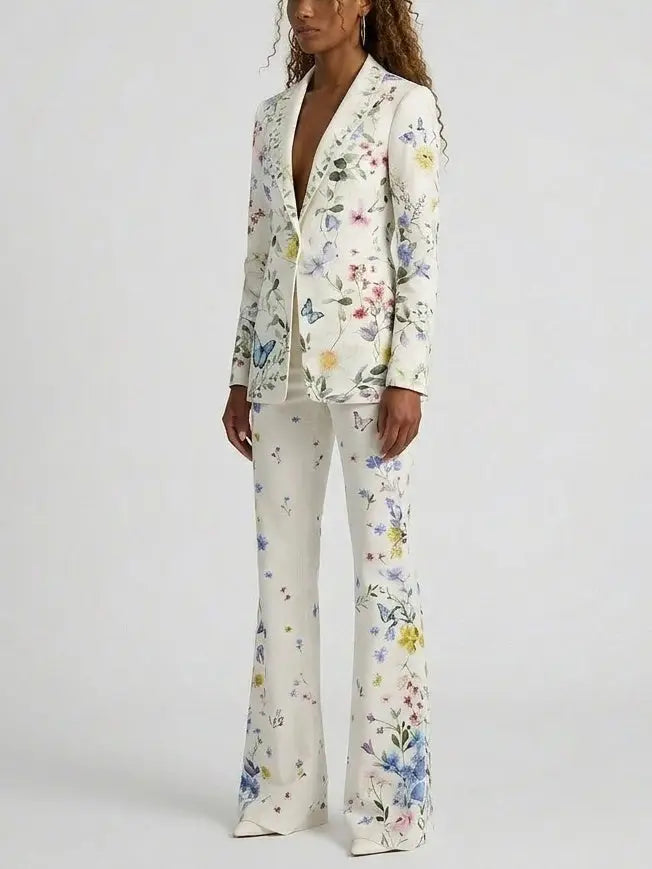 Floral Butterfly Print Blazer and Flared Pants Set - Suits & Sets