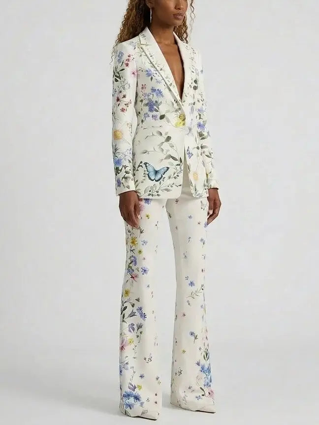 Floral Butterfly Print Blazer and Flared Pants Set - Suits & Sets