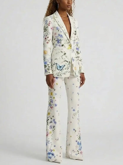 Floral Butterfly Print Blazer and Flared Pants Set - Suits & Sets