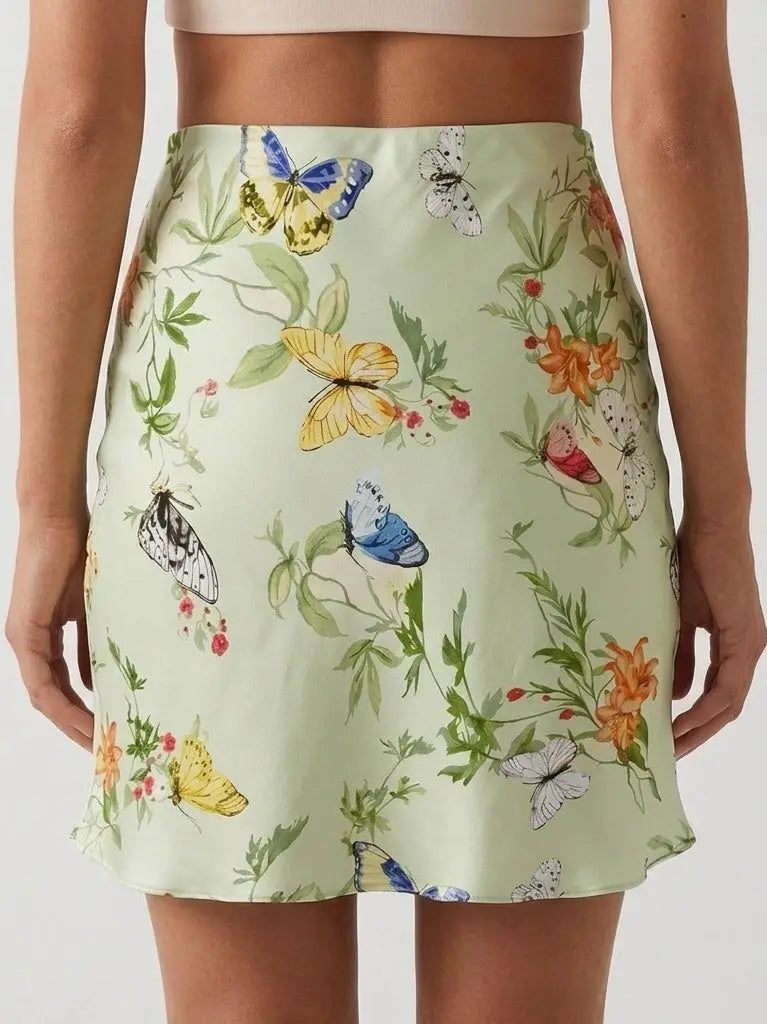 Floral Butterfly Print Silk Mini Skirt in Mint Green - Skirts