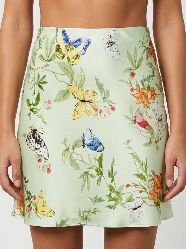 Floral Butterfly Print Silk Mini Skirt in Mint Green - Skirts