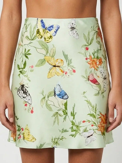 Floral Butterfly Print Silk Mini Skirt in Mint Green - Skirts