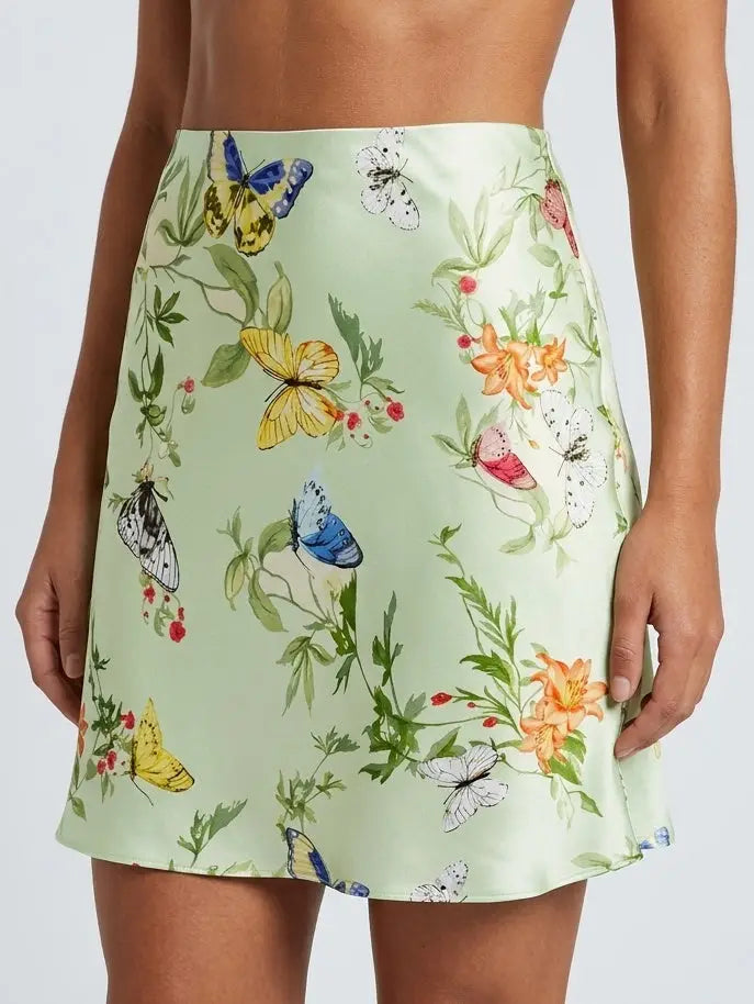 Floral Butterfly Print Silk Mini Skirt in Mint Green - Skirts