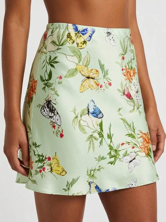 Floral Butterfly Print Silk Mini Skirt in Mint Green - Skirts