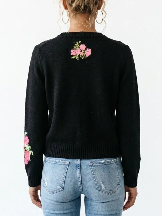 Floral Cashmere Sweater with Multicolored Velvet Buttons - Sweaters & Knitwear
