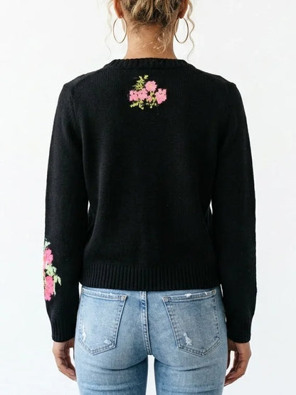 Floral Cashmere Sweater with Multicolored Velvet Buttons - Sweaters & Knitwear