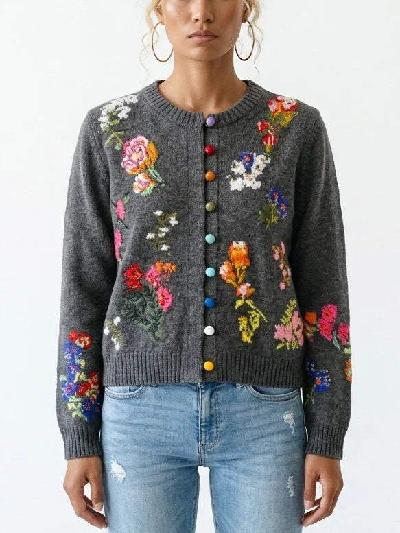 Floral Cashmere Sweater with Multicolored Velvet Buttons - Small / Grey - Sweaters & Knitwear