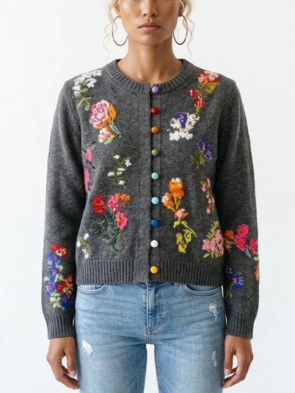 Floral Cashmere Sweater with Multicolored Velvet Buttons - Small / Grey - Sweaters & Knitwear