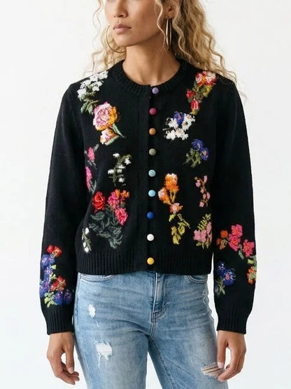 Floral Cashmere Sweater with Multicolored Velvet Buttons - Sweaters & Knitwear