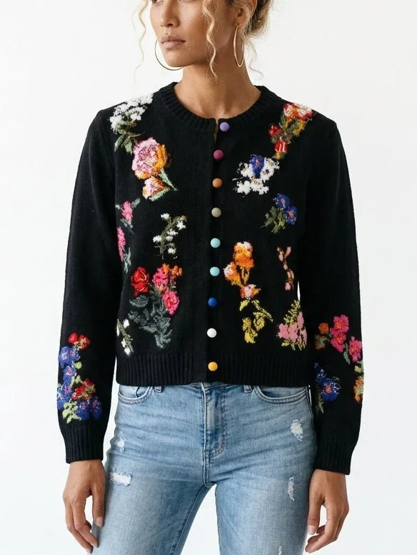 Floral Cashmere Sweater with Multicolored Velvet Buttons - Sweaters & Knitwear