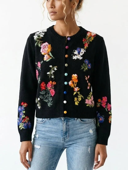 Floral Cashmere Sweater with Multicolored Velvet Buttons - Sweaters & Knitwear