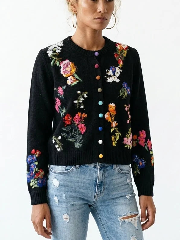 Floral Cashmere Sweater with Multicolored Velvet Buttons - Sweaters & Knitwear