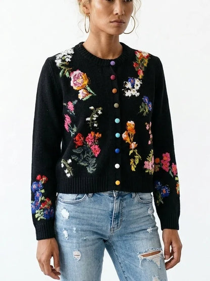 Floral Cashmere Sweater with Multicolored Velvet Buttons - Sweaters & Knitwear