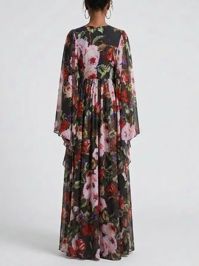 Floral Chiffon Cape Sleeve Maxi Dress - Dresses