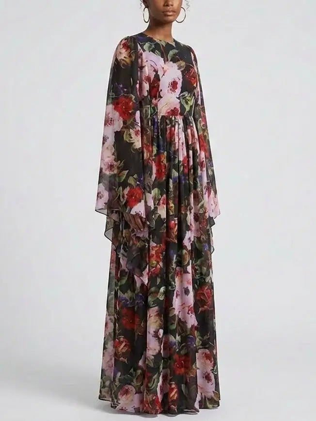 Floral Chiffon Cape Sleeve Maxi Dress - Dresses