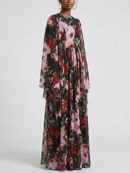 Floral Chiffon Cape Sleeve Maxi Dress - Dresses