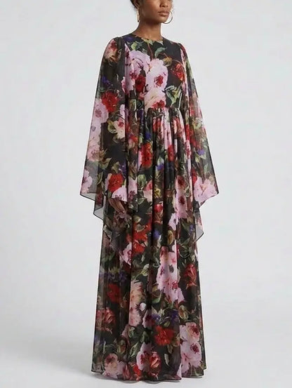Floral Chiffon Cape Sleeve Maxi Dress - Dresses
